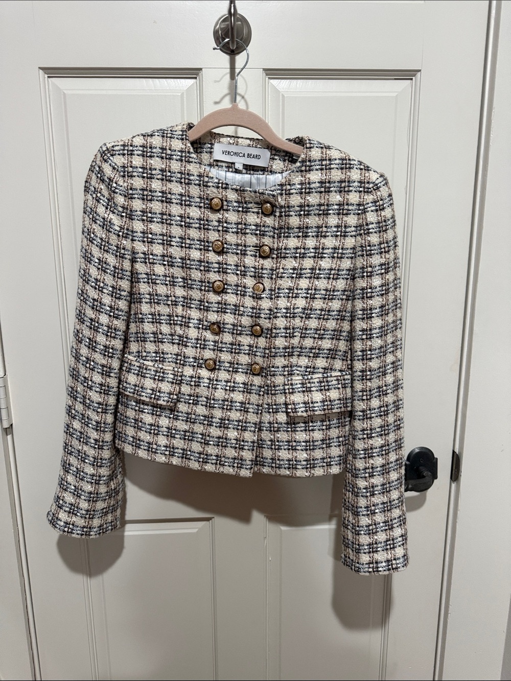 Veronica Beard Cream and Navy Plaid Double-Breasted Tweed Blazer